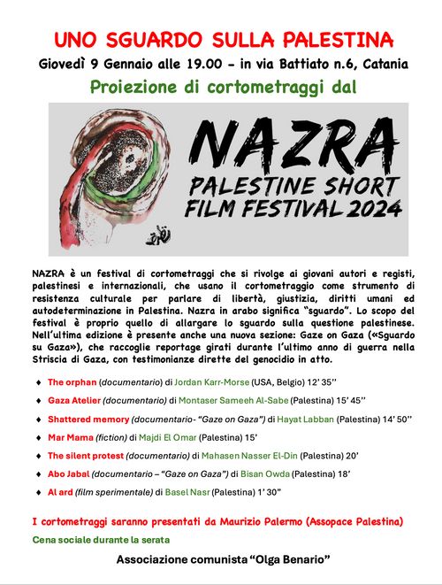 UNO SGUARDO SULLA PALESTINA - Proiezione di cortometraggi dal NAZRA PALESTINE SHORT FILM FESTIVAL 2024